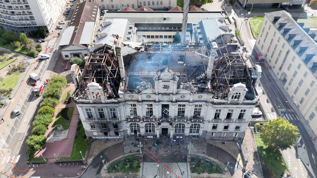 The destroyed Limoges city hall in southwest-central France on Sunday after being set on fire amid violent protests. Photo: AFP