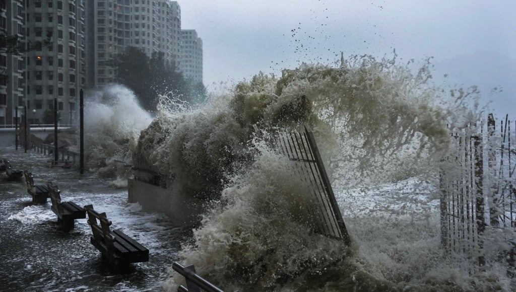Waves crash onto Heng Fa Chuen during Typhoon Ragasa on September 24 last year. A pilot “AI city brain” system for extreme weather response will launch before next year’s typhoon season. Photo: Karma Lo