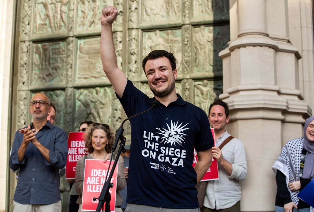 Khalil at a Welcome Home rally on the steps of the Cathedral of St John the Divine in New York in June 2025. Photo: EPA