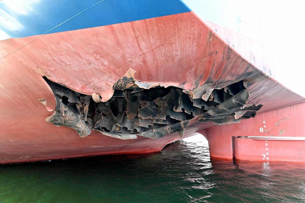 Damage is seen on South Korean cargo ship HMM Namu on May 10 after it is hit by unidentified aircraft in teh Strait of Hormuz. Photo: South Korean Foreign Ministry / AFP Damage is seen on South Korean cargo ship HMM Namu on May 10 after it is hit by unidentified aircraft in teh Strait of Hormuz. Photo: South Korean Foreign Ministry / AFP