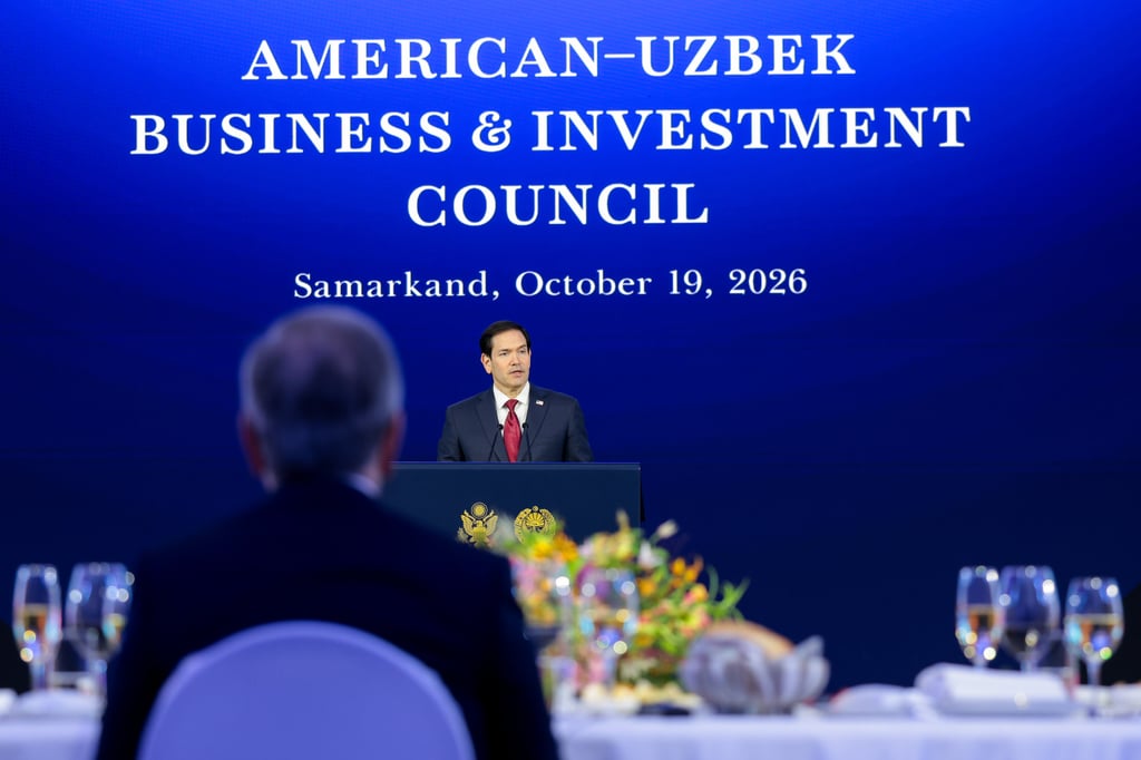 US Secretary of State Marco Rubio at a dinner with the American-Uzbek Business and Investment Council (AUBIC) at the Congress Centre in Samarkand, Uzbekistan on Monday. Photo: Pool Photo via AP US Secretary of State Marco Rubio at a dinner with the American-Uzbek Business and Investment Council (AUBIC) at the Congress Centre in Samarkand, Uzbekistan on Monday. Photo: Pool Photo via AP