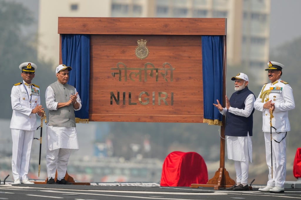 (Right to left) Then Indian Navy chief Dinesh Kumar Tripathi, Indian Prime Minister Narendra Modi, and Indian Defence Minister Rajnath Singh attend a commissioning ceremony at a naval dockyard in Mumbai last year. Photo: AP (Right to left) Then Indian Navy chief Dinesh Kumar Tripathi, Indian Prime Minister Narendra Modi, and Indian Defence Minister Rajnath Singh attend a commissioning ceremony at a naval dockyard in Mumbai last year. Photo: AP