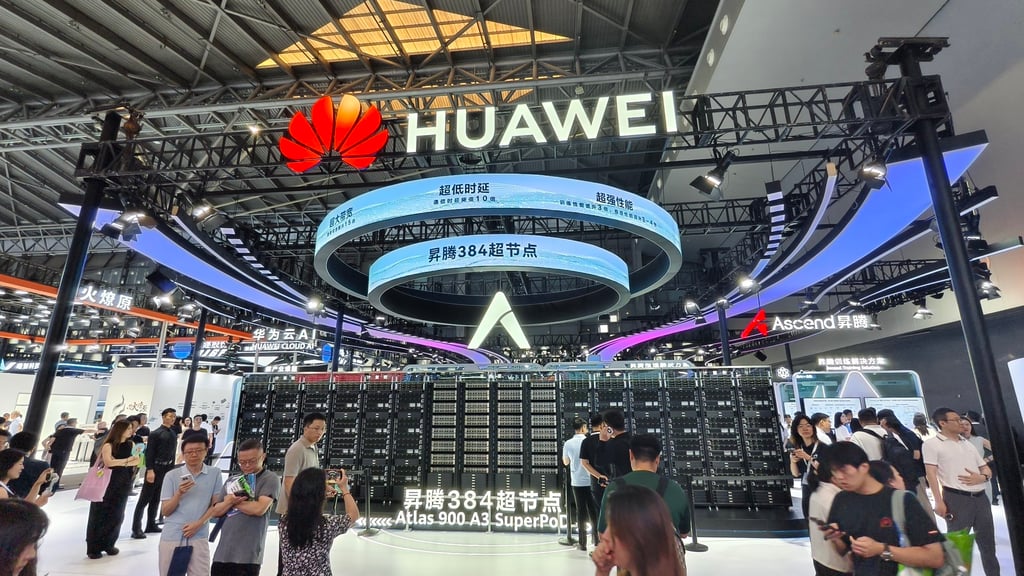The Ascend 384 supernode display at Huawei’s booth at the World Artificial Intelligence Conference in Shanghai, on July 26, 2025. Photo: Costfoto/NurPhoto via Getty Images The Ascend 384 supernode display at Huawei’s booth at the World Artificial Intelligence Conference in Shanghai, on July 26, 2025. Photo: Costfoto/NurPhoto via Getty Images