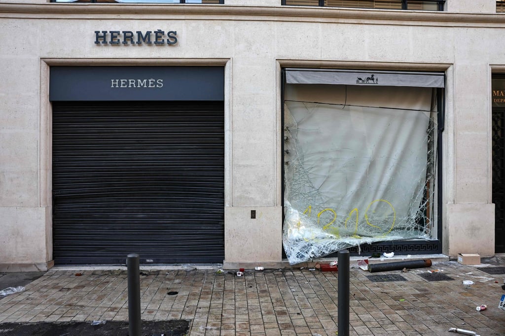 A vandalised storefront of an Hermes boutique in Marseille, southern France, on Saturday. Photo: AFP