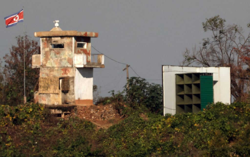 North Korean loudspeakers for broadcasts directed at South Korea stand along the Imjin River, as viewed from Paju, South Korea, on Tuesday. Photo: Yonhap / Reuters