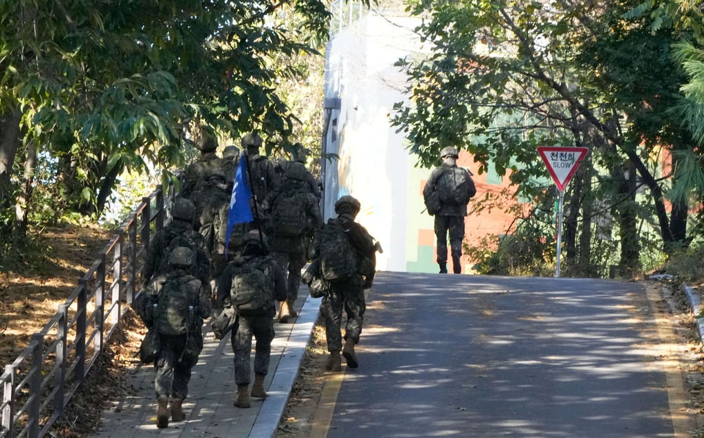 South Korean soldiers patrol near the border with North Korea in Paju on Thursday. Photo: AP