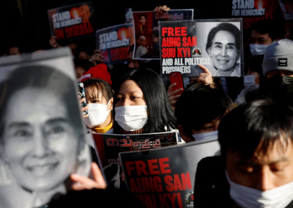 Myanmar protesters living in Japan raise the portraits of Aung San Suu Kyi during a rally to mark the anniversary of Myanmar’s 2021 military coup outside the Embassy of Myanmar in Tokyo on February 1, 2023. Photo: Reuters Myanmar protesters living in Japan raise the portraits of Aung San Suu Kyi during a rally to mark the anniversary of Myanmar’s 2021 military coup outside the Embassy of Myanmar in Tokyo on February 1, 2023. Photo: Reuters