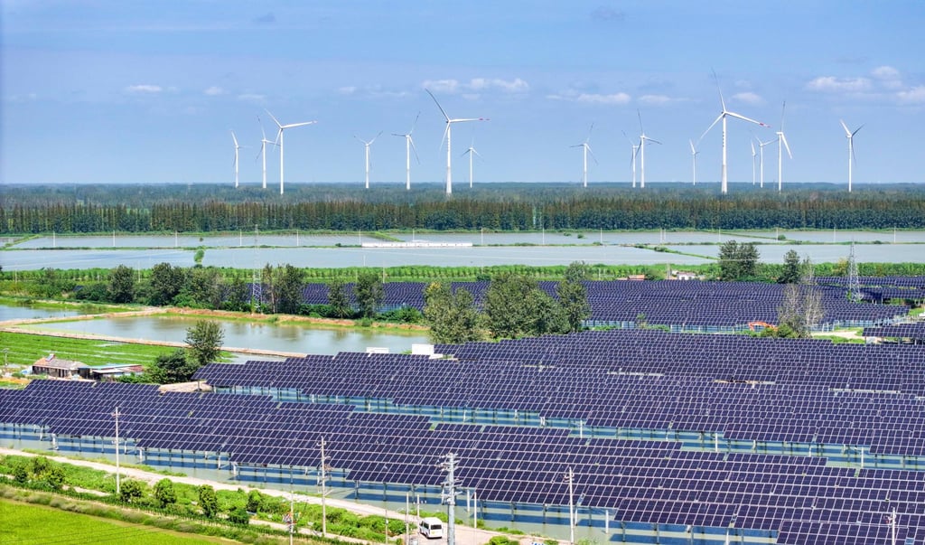 A wind and solar power plant in Jinhu County, Huai’an, in China’s eastern Jiangsu province on September 9. Photo: Xinhua A wind and solar power plant in Jinhu County, Huai’an, in China’s eastern Jiangsu province on September 9. Photo: Xinhua