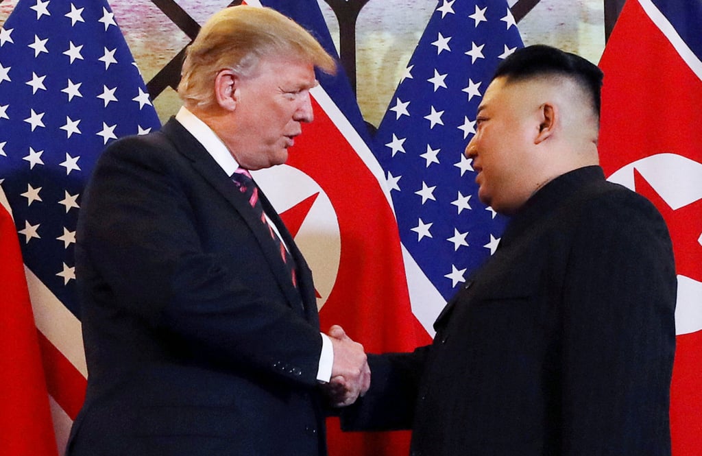 US President Donald Trump (left) and North Korean leader Kim Jong-un shake hands before their one-on-one chat during the second US-North Korea summit in Hanoi, Vietnam, on February 27, 2019. Photo: Reuters