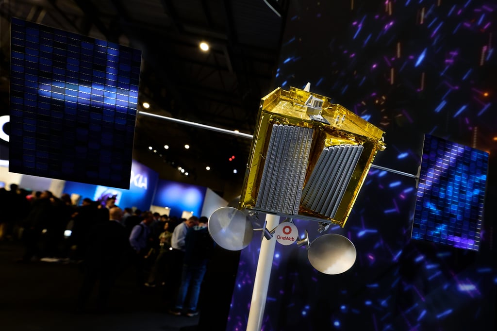 A model of a satellite from the Eutelsat OneWeb constellation is exhibited during the Mobile World Congress 2025 in Barcelona, Spain, in March 2025. Photo: Getty Images