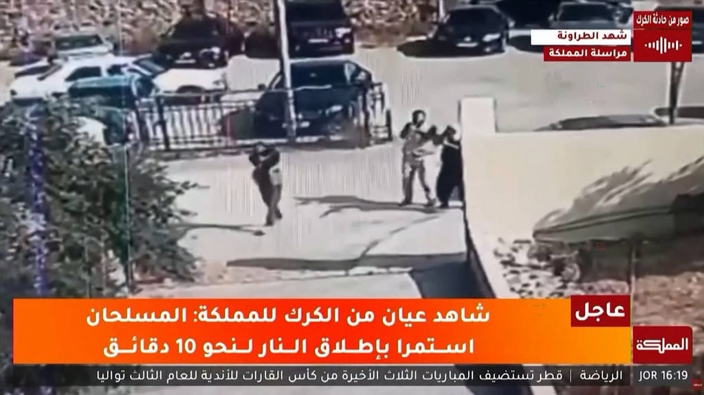 CCTV footage shows the moment gunmen attacked a Greek Orthodox church in the village of Hammoud in Jordan’s Karak governorate on Friday. Photo: Al Mamlaka TV via AFP CCTV footage shows the moment gunmen attacked a Greek Orthodox church in the village of Hammoud in Jordan’s Karak governorate on Friday. Photo: Al Mamlaka TV via AFP