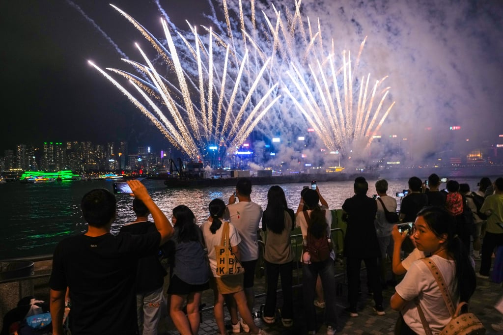 The Labour Day firework display is obscured by smoke at Tsim Sha Tsui Promenade on May 1, 2024. The monthly pyrotechnic shows announced by the government in 2024 were eventually scaled back after a budget cut. Photo: May Tse