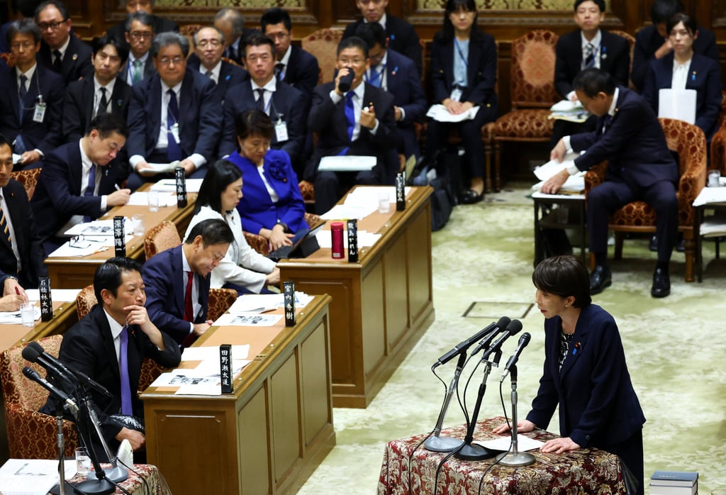 Japanese Prime Minister Sanae Takaichi addresses a parliamentary budget committee session in Tokyo on October 14. Her Liberal Democratic Party is in a ruling coalition with the Japan Innovation Party. Photo: Reuters Japanese Prime Minister Sanae Takaichi addresses a parliamentary budget committee session in Tokyo on October 14. Her Liberal Democratic Party is in a ruling coalition with the Japan Innovation Party. Photo: Reuters