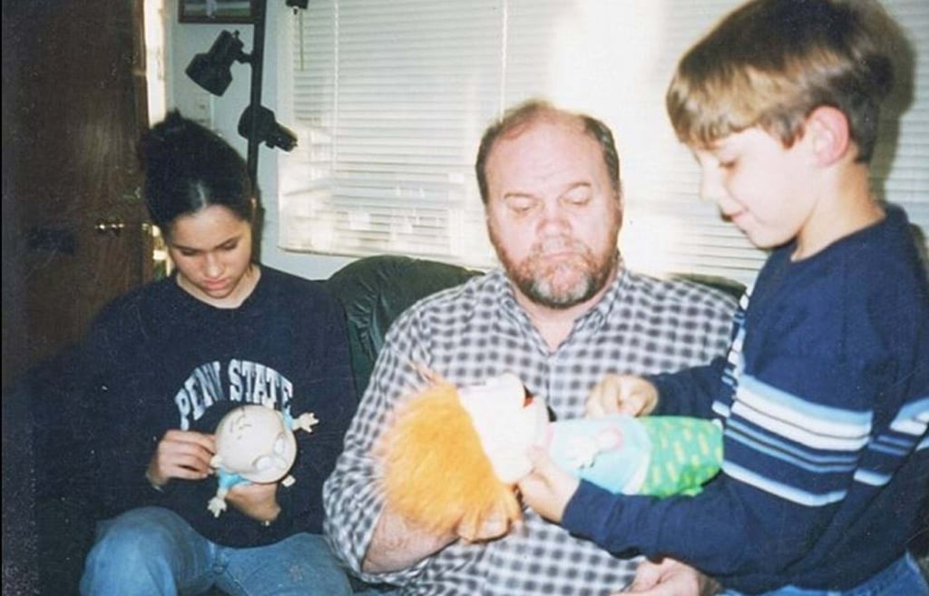 Meghan Markle (left) is seen as a youth with nephew (far right) and her father, Thomas Markle Senior Photo: Facebook