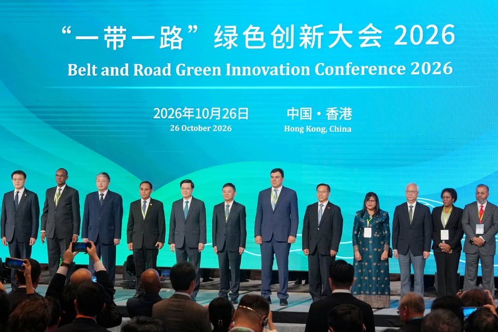 John Lee (fifth from left), Huang Runqiu (Sixth from left) and Tse Chin-wan (third from right) are among other officials at Belt and Road Green Innovation Conference. Photo: Kit Lai John Lee (fifth from left), Huang Runqiu (Sixth from left) and Tse Chin-wan (third from right) are among other officials at Belt and Road Green Innovation Conference. Photo: Kit Lai