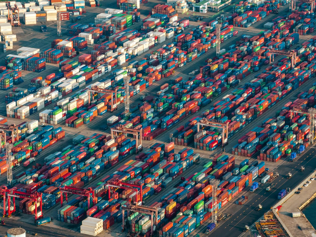 Shipping containers are seen stacked at the Port of Busan in South Korea. Photo: Getty Shipping containers are seen stacked at the Port of Busan in South Korea. Photo: Getty