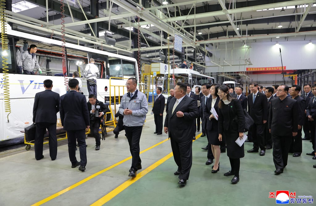 Kim tours the Dandong factory where buses, special-purpose and new-energy vehicles are made. Photo: KCNA via KNS/AFP Kim tours the Dandong factory where buses, special-purpose and new-energy vehicles are made. Photo: KCNA via KNS/AFP