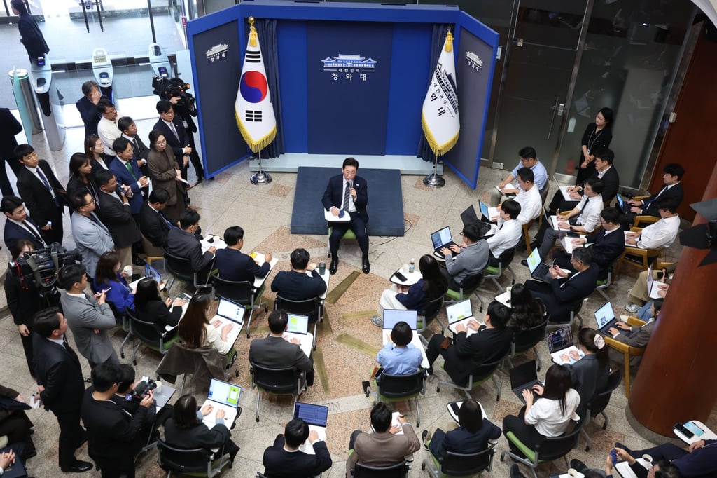 South Korean President Lee Jae Myung (centre) attends a press conference inside the presidential compound in Seoul on October 19. Photo: Yonhap/EPA