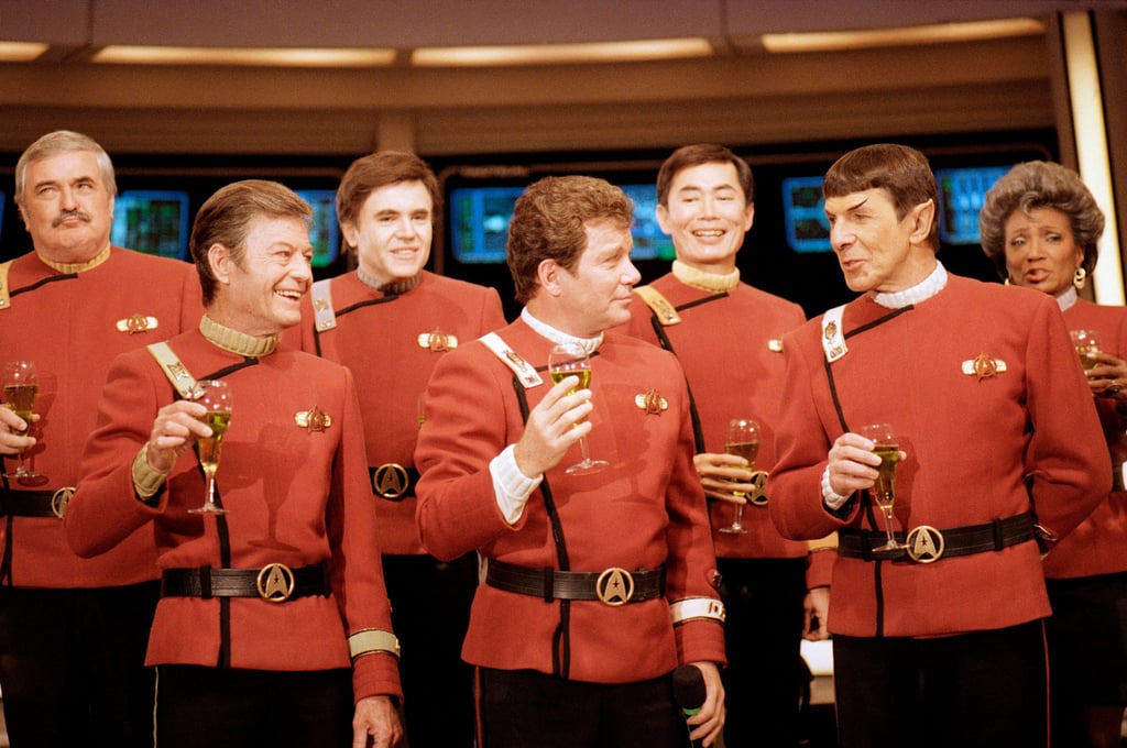 Members of the Star Trek crew, from left, James Doohan, DeForest Kelley, Walter Koenig, William Shatner, George Takei, Leonard Nimoy and Nichelle Nichols, toast the newest Star Trek film at Paramount Studios in Los Angeles in December 1988. Photo: AP Members of the Star Trek crew, from left, James Doohan, DeForest Kelley, Walter Koenig, William Shatner, George Takei, Leonard Nimoy and Nichelle Nichols, toast the newest Star Trek film at Paramount Studios in Los Angeles in December 1988. Photo: AP