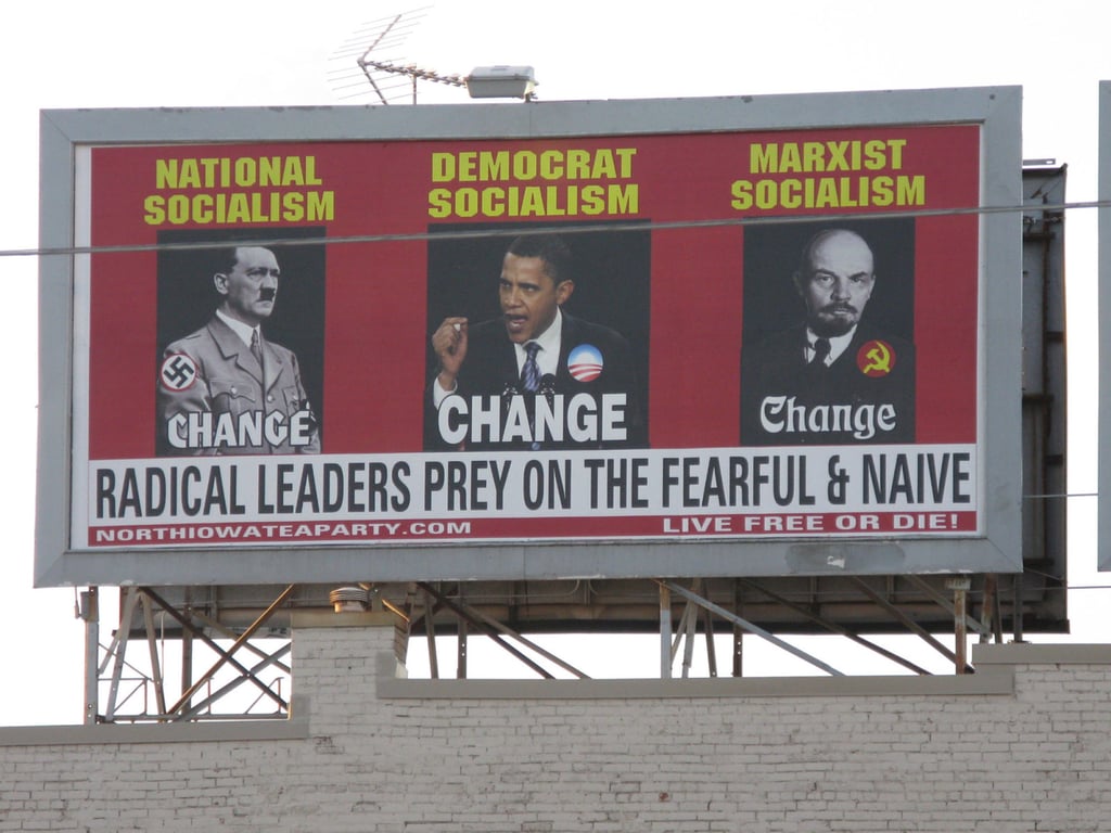 A billboard ordered and paid for by the North Iowa Tea Party shows, from the left, Adolf Hitler, US president Barack Obama and Vladimir Lenin, in Mason City, Iowa, in July 2010. Photo: AP