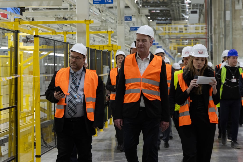 Szeged Mayor Laszlo Botka (centre) visits BYD’s new car factory in Szeged, Hungary, on April 21. Photo: Xinhua