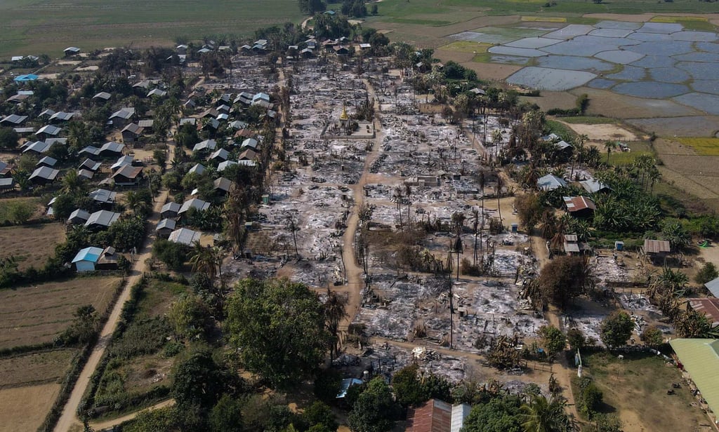 An aerial photo taken on February 3, 2022, shows burnt buildings in Mingin township, Sagaing, where more than 105 buildings were destroyed by junta troops. Photo: AFP An aerial photo taken on February 3, 2022, shows burnt buildings in Mingin township, Sagaing, where more than 105 buildings were destroyed by junta troops. Photo: AFP