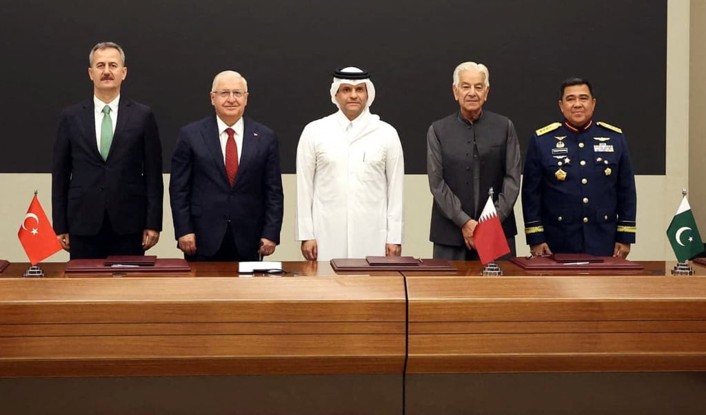 (From left) Turkey’s Defence Minister Yasar Guler, Secretary of Turkish Defence Industries Haluk Gorgun, Qatar’s Deputy Prime Minister Sheikh Saud Abdulrahman, Pakistan’s Defence Minister Khawaja Muhammad Asif and Indonesia’s Deputy Defence Minister Yusuf Jauhari attend a signing ceremony in Doha on Wednesday. Photo: Turkish Defence Ministry / Reuters (From left) Turkey’s Defence Minister Yasar Guler, Secretary of Turkish Defence Industries Haluk Gorgun, Qatar’s Deputy Prime Minister Sheikh Saud Abdulrahman, Pakistan’s Defence Minister Khawaja Muhammad Asif and Indonesia’s Deputy Defence Minister Yusuf Jauhari attend a signing ceremony in Doha on Wednesday. Photo: Turkish Defence Ministry / Reuters