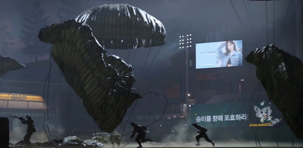 A still from the trailer for Call of Duty: Modern Warfare 4 depicts North Korean paratroopers landing in a fictional baseball stadium in South Korea. Photo: YouTube/CallofDuty