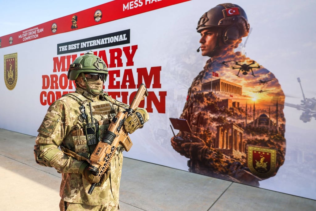 A Turkish soldier stands guard during the best military drone team competition in Ankara on Saturday. Photo: AFP A Turkish soldier stands guard during the best military drone team competition in Ankara on Saturday. Photo: AFP