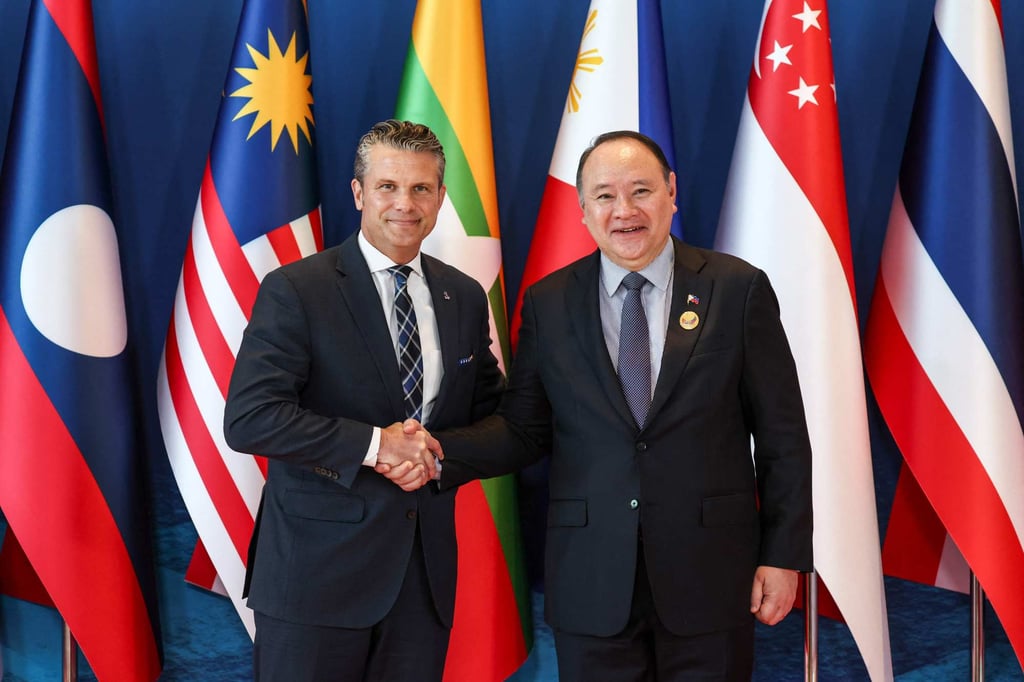 US Defence Secretary Pete Hegseth with his Philippine counterpart Gilberto Teodoro during the Asean Defence Ministers’ Informal Meeting in Cebu on Wednesday. Photo: AFP US Defence Secretary Pete Hegseth with his Philippine counterpart Gilberto Teodoro during the Asean Defence Ministers’ Informal Meeting in Cebu on Wednesday. Photo: AFP
