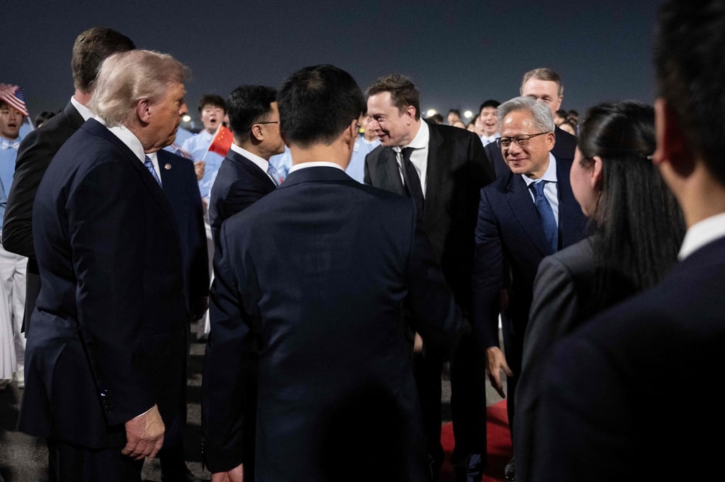 US President Donald Trump stands by as Elon Musk and Jensen Huang are greeted by China’s Vice-President Han Zheng and others on May 13. Photo: AFP
