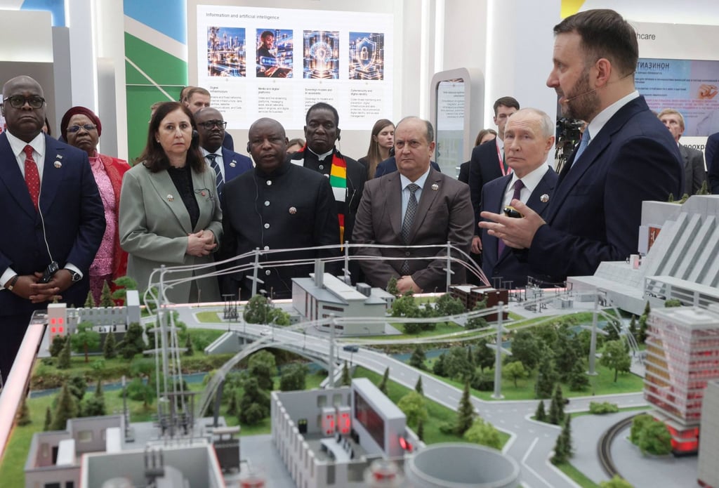 Russia’s President Vladimir Putin and African leaders tour an exhibition on the sidelines of the Russia-Africa summit in Moscow on Wednesday. Photo: AFP Russia’s President Vladimir Putin and African leaders tour an exhibition on the sidelines of the Russia-Africa summit in Moscow on Wednesday. Photo: AFP