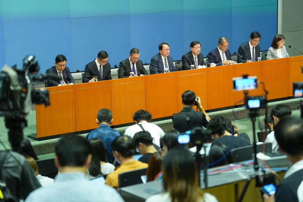 City leader John Lee and other top officials hold a press conference on Thursday on the report into the blaze. Photo: Sam Tsang City leader John Lee and other top officials hold a press conference on Thursday on the report into the blaze. Photo: Sam Tsang