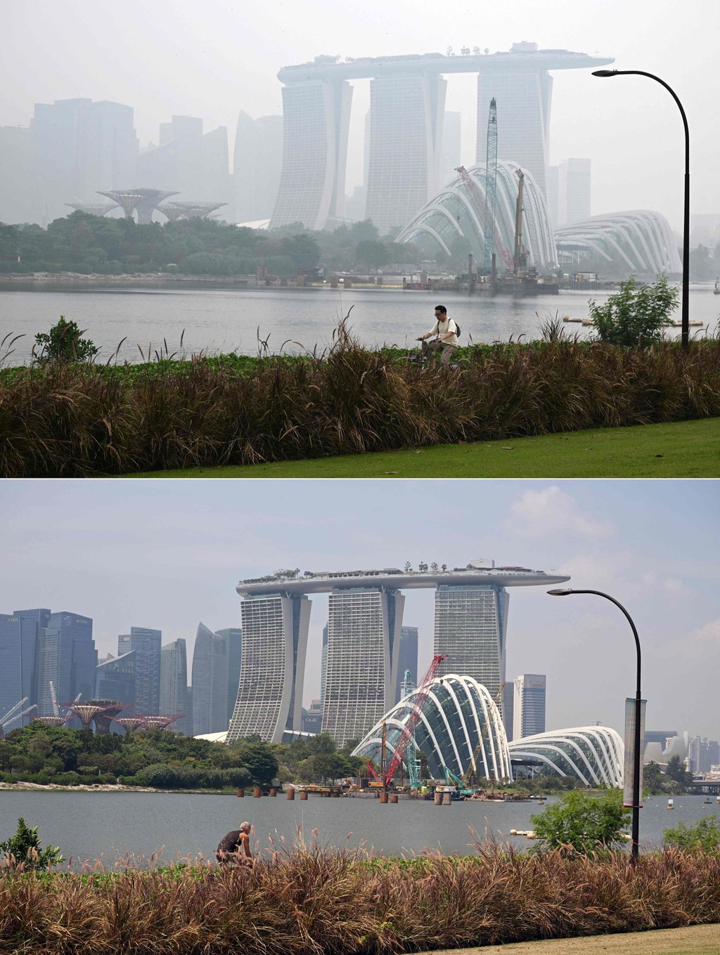 A combination image shows a cyclist riding along Marina Bay east garden in Singapore as the city skyline is shrouded with haze on September 28 (top), and the same buildings seen through clear skies on Tuesday (below). Photo: AFP A combination image shows a cyclist riding along Marina Bay east garden in Singapore as the city skyline is shrouded with haze on September 28 (top), and the same buildings seen through clear skies on Tuesday (below). Photo: AFP
