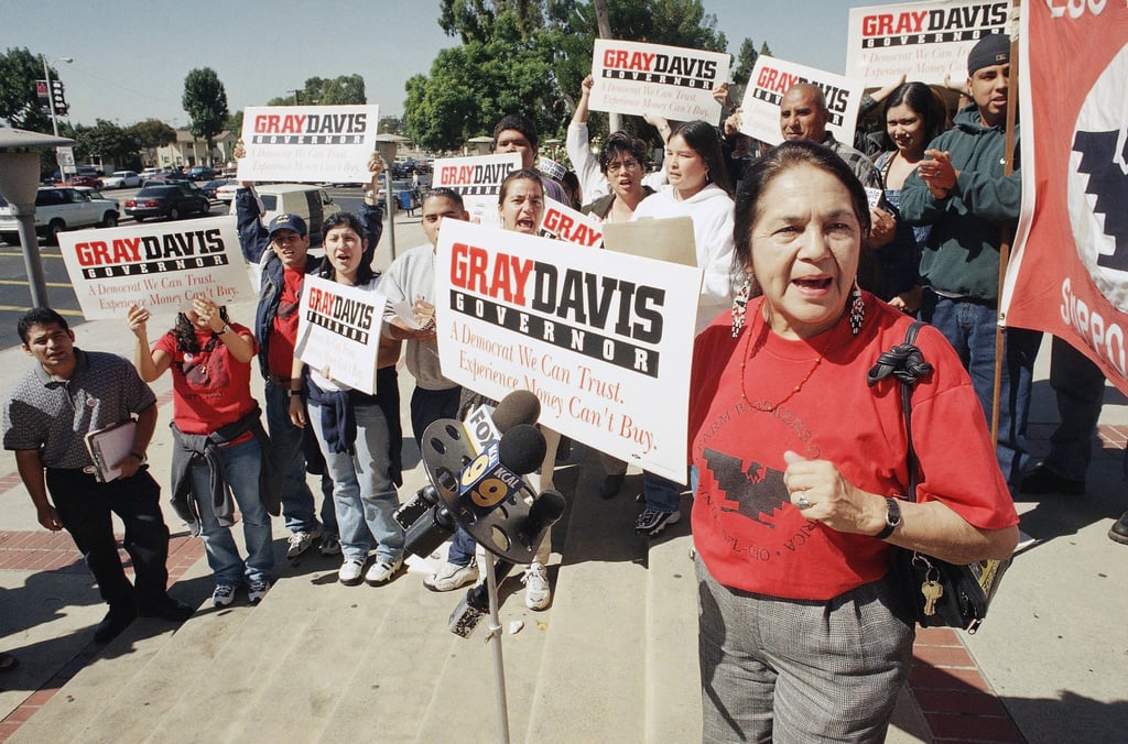 Dolores Huerta, co-founder of the United Farmworkers of America, stages a rally with local college students in Los Angeles in October 1998. Photo: AP