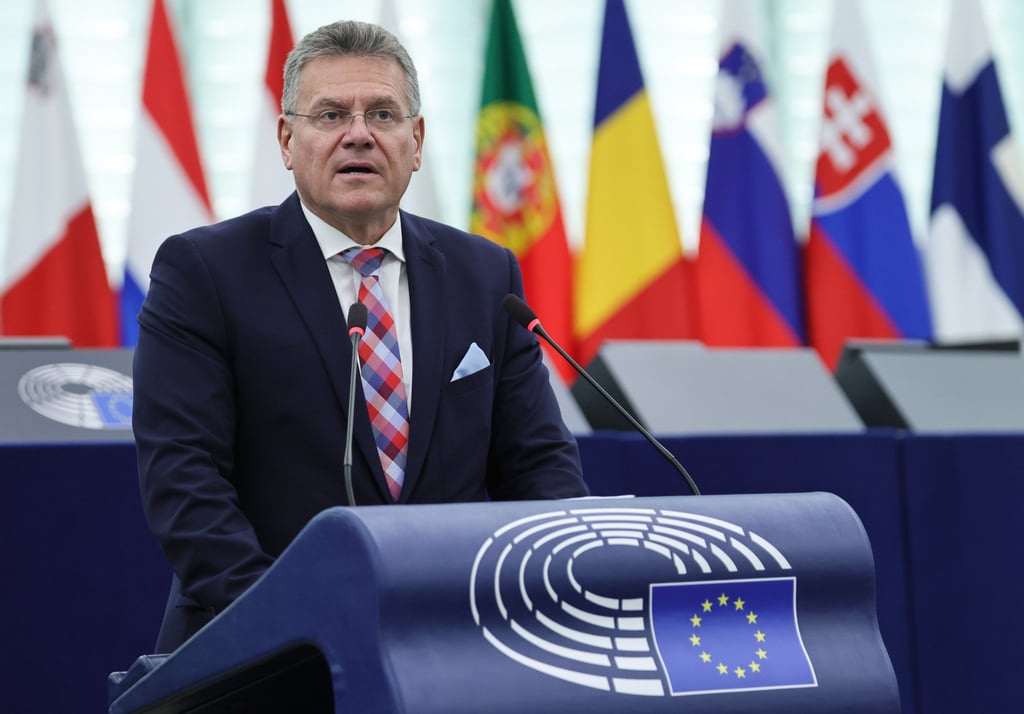 EU trade chief Maros Sefcovic speaks during a debate at the European Parliament in Strasbourg, France. Photo: EPA