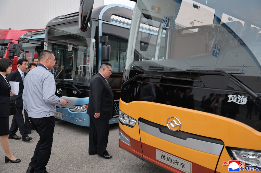 North Korean leader Kim Jong-un visits the Dandong Huanghai Automobile factory in the Chinese city of Dandong on October 24. Photo: KCNA via KNS/AFP North Korean leader Kim Jong-un visits the Dandong Huanghai Automobile factory in the Chinese city of Dandong on October 24. Photo: KCNA via KNS/AFP