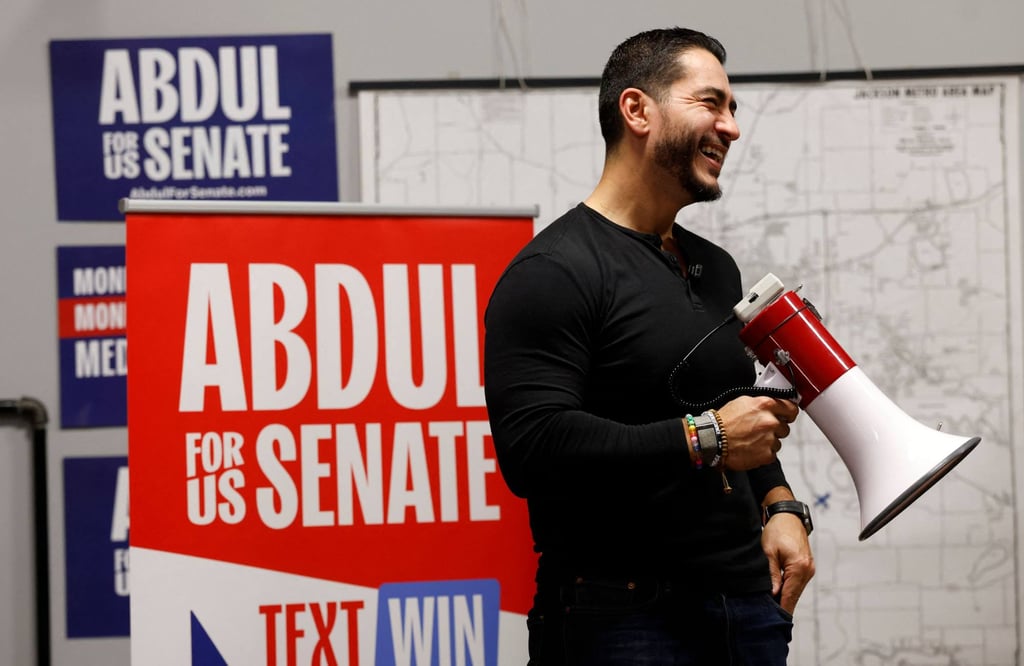 Democratic US Senate candidate Abdul El-Sayed speaks to supporters at a union hall in Jackson, Michigan, on Thursday. Photo: AFP