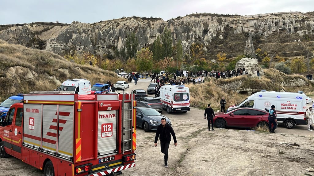 Emergency vehicles are parked near the scene after rocks fell from a fairy chimney in Turkey’s Cappadocia region on Thursday. Photo: Ihlas News Agency via Reuters Emergency vehicles are parked near the scene after rocks fell from a fairy chimney in Turkey’s Cappadocia region on Thursday. Photo: Ihlas News Agency via Reuters