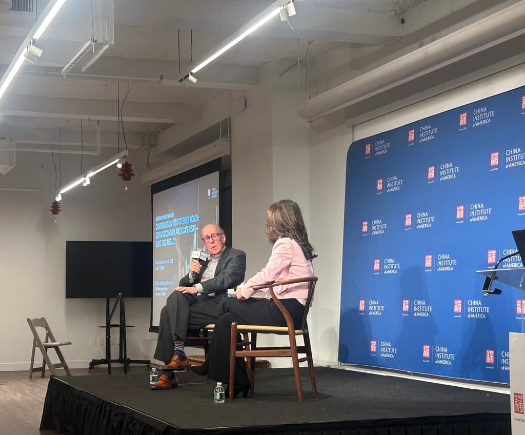 Economist Stephen Roach in conversation with Susan Yuqing Feng, director of programmes at the China Institute of America, in New York on Thursday. Photo: Lucy Quaggin