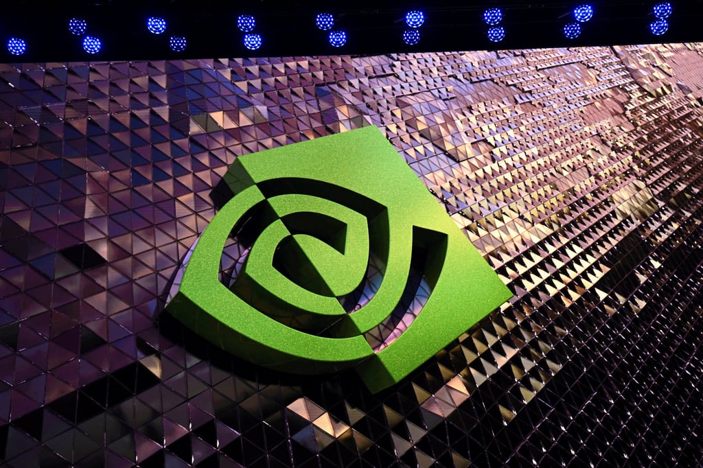 The Nvidia logo is displayed on a screen at the company’s GTC conference in Berlin on October 21. Photo: Reuters