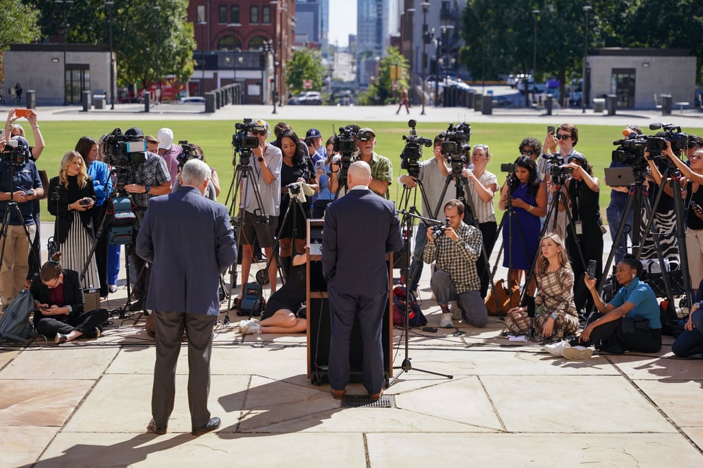 Luke Ihnen, a lawyer for Christa Pike, a death row prisoner who survived a botched execution, speaks during a press conference outside a courtroom in Nashville on October 7. Photo: Reuters