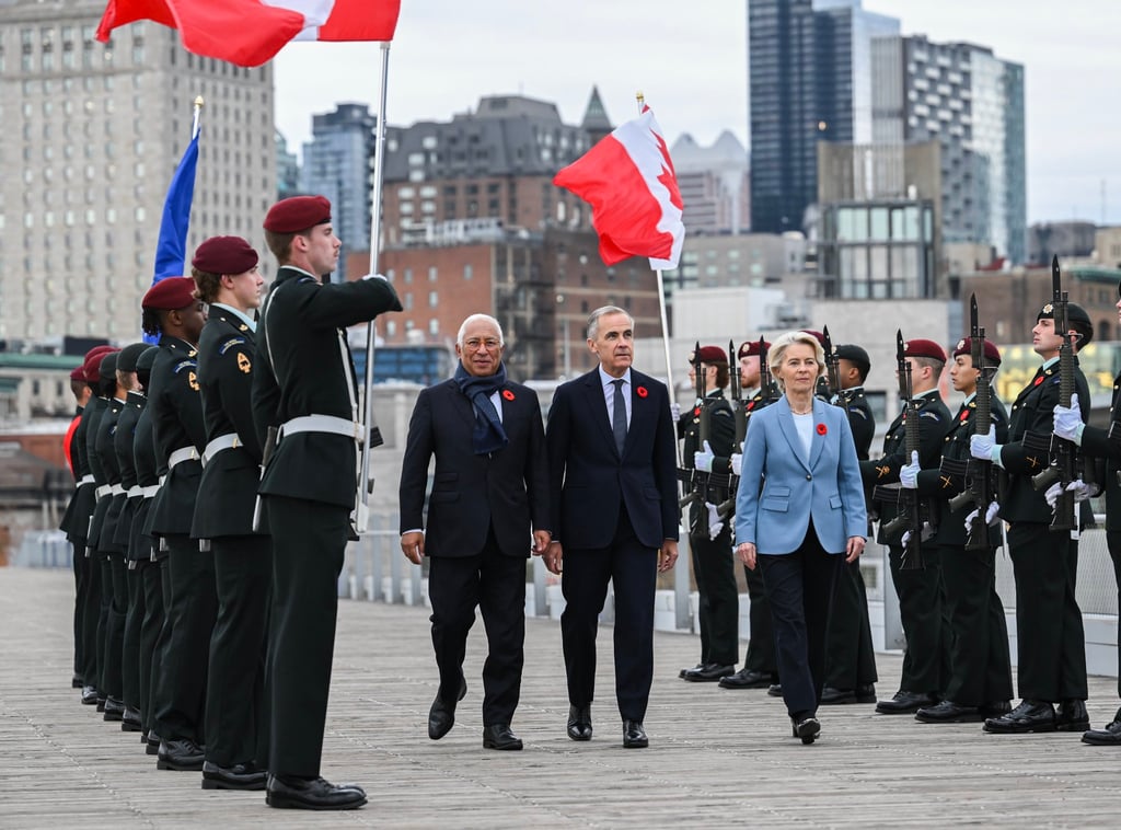 (Centre, from left) European Council President Antonio Costa, Canada’s Prime Minister Mark Carney and European Commission President Ursula von der Leyen arrive for the second day of the 21st EU-Canada Summit in Montreal on Friday. Photo: EPA (Centre, from left) European Council President Antonio Costa, Canada’s Prime Minister Mark Carney and European Commission President Ursula von der Leyen arrive for the second day of the 21st EU-Canada Summit in Montreal on Friday. Photo: EPA
