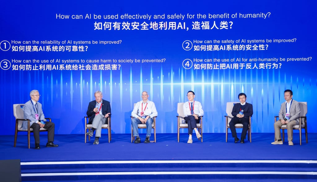 Speakers, including Cambricon co-founder Chen Yunji (second right), on stage at the World Laureates Forum in Shanghai on Friday. Photo: Handout