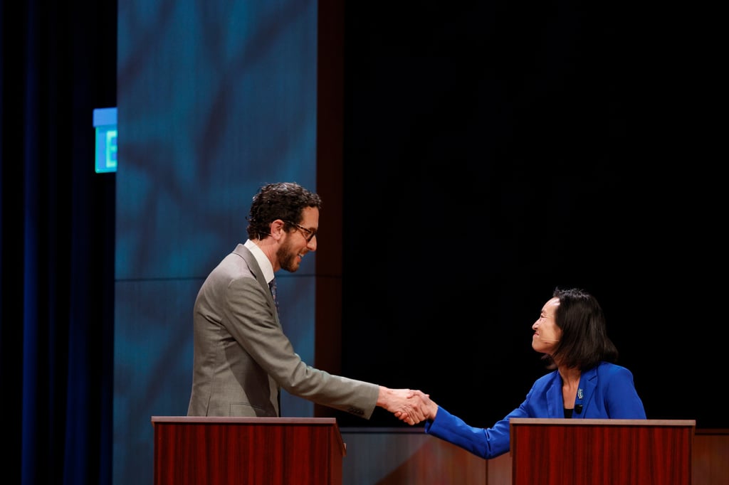 California state Senator Scott Wiener (left) and San Francisco Supervisor Connie Chan shake hands after a debate on October 1. Photo: San Francisco Chronicle via AP California state Senator Scott Wiener (left) and San Francisco Supervisor Connie Chan shake hands after a debate on October 1. Photo: San Francisco Chronicle via AP