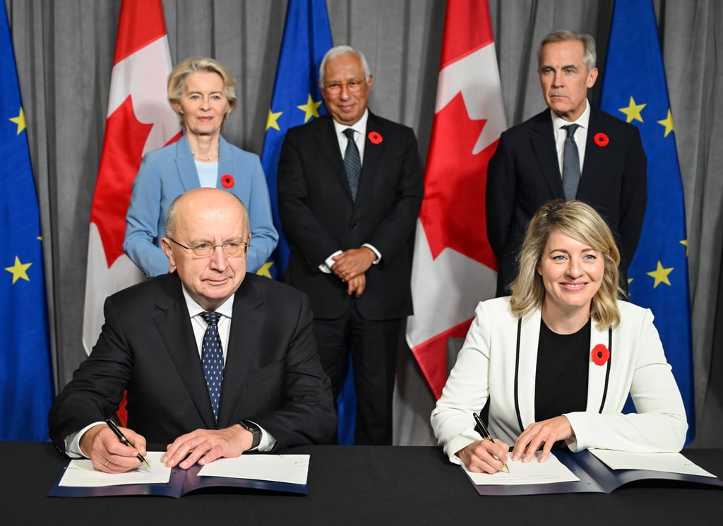 (Back row, from left) European Commission President Ursula von der Leyen, European Council President Antonio Costa and Canada’s Prime Minister Mark Carney look on as Canada’s Industry Minister Melanie Joly (front right) and European Commissioner for Defence and Space Andrius Kubilius (front left) take part in a signing ceremony in Montreal on Friday. Photo: EPA (Back row, from left) European Commission President Ursula von der Leyen, European Council President Antonio Costa and Canada’s Prime Minister Mark Carney look on as Canada’s Industry Minister Melanie Joly (front right) and European Commissioner for Defence and Space Andrius Kubilius (front left) take part in a signing ceremony in Montreal on Friday. Photo: EPA