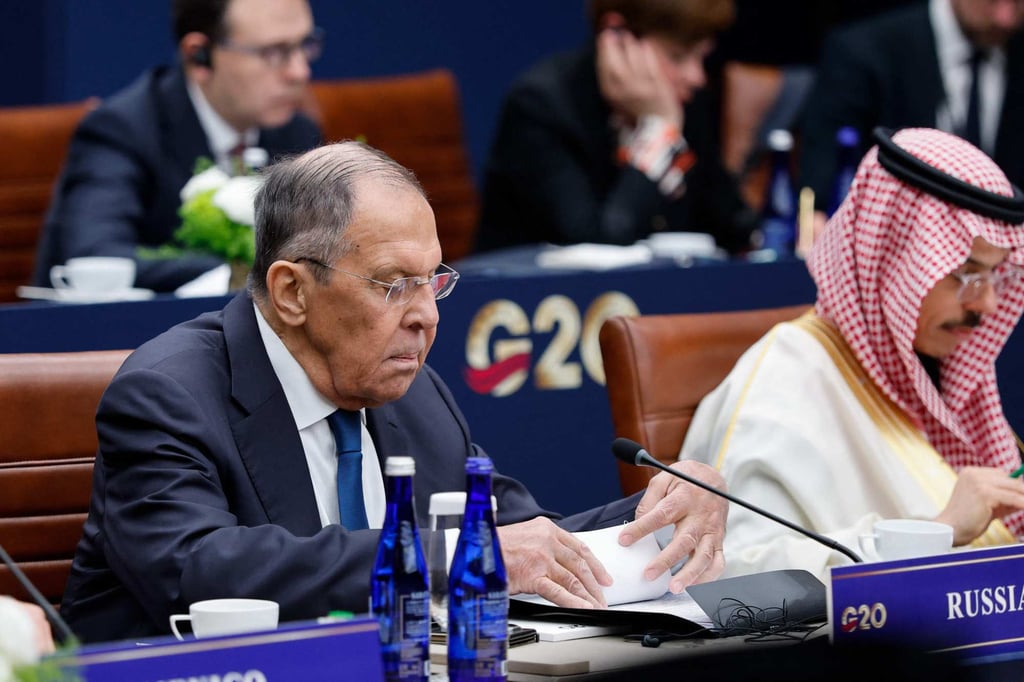 Russian Foreign Minister Sergey Lavrov (left) attends the first plenary session during the G20 foreign ministers’ meeting in Atlanta on Friday. Photo: AFP Russian Foreign Minister Sergey Lavrov (left) attends the first plenary session during the G20 foreign ministers’ meeting in Atlanta on Friday. Photo: AFP