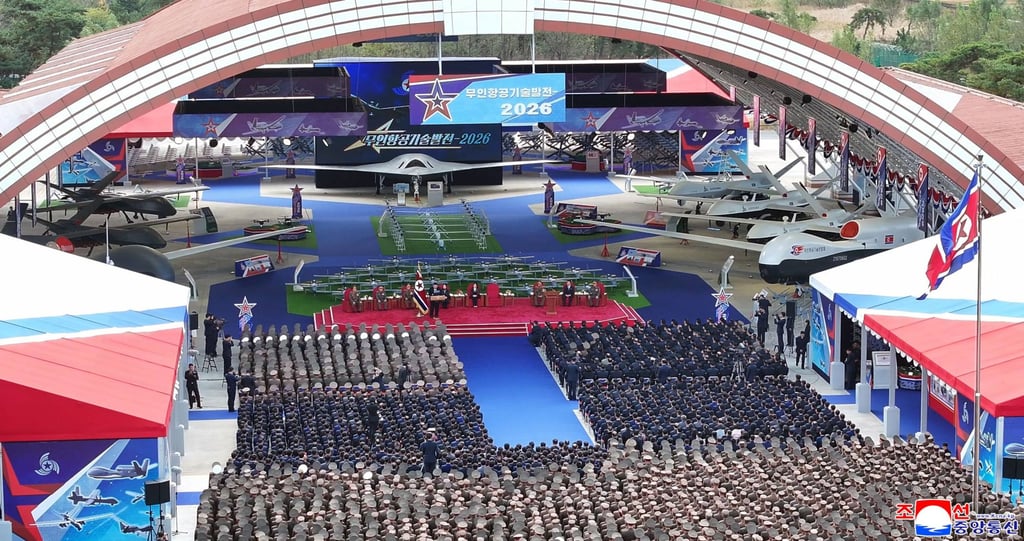 Drone models are shown during a dedicated drone exhibition in North Korea’s Kangwon province on Thursday, in this photo released by state media. Photo: AFP Drone models are shown during a dedicated drone exhibition in North Korea’s Kangwon province on Thursday, in this photo released by state media. Photo: AFP