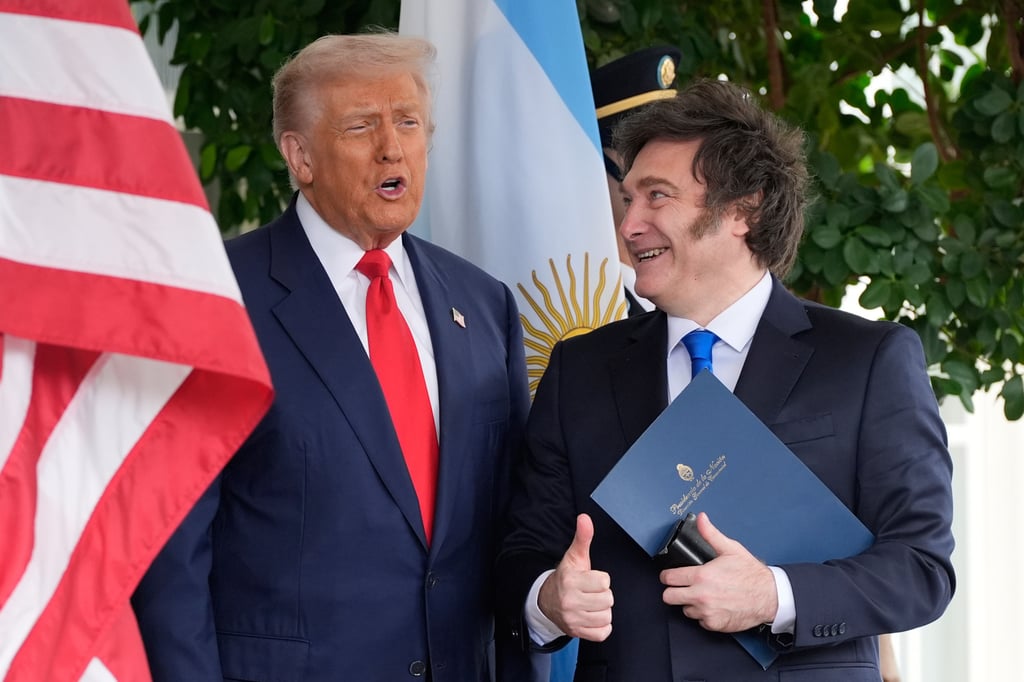 US President Donald Trump greets Argentine President Javier Milei at the White House in Washington in October 2025. Photo: AP