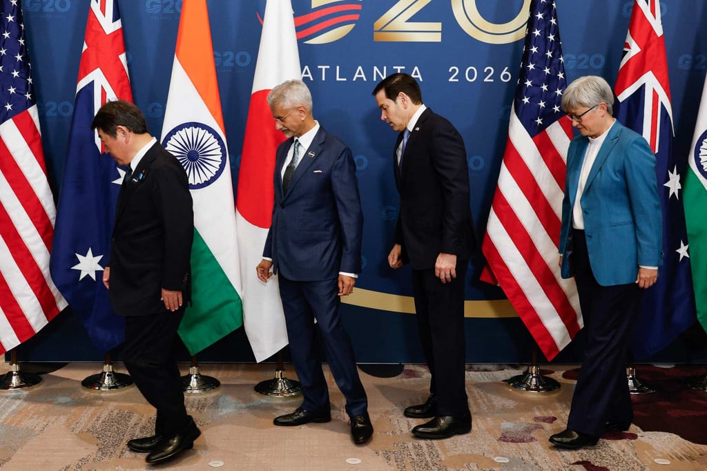 From left, Japan’s Foreign Minister Toshimitsu Motegi, India’s External Affairs Minister S. Jaishankar, US Secretary of State Marco Rubio and Australia’s Foreign Minister Penny Wong after a photo session on the sidelines of the G20 foreign ministers’ meeting in Atlanta on Saturday. Photo: AFP